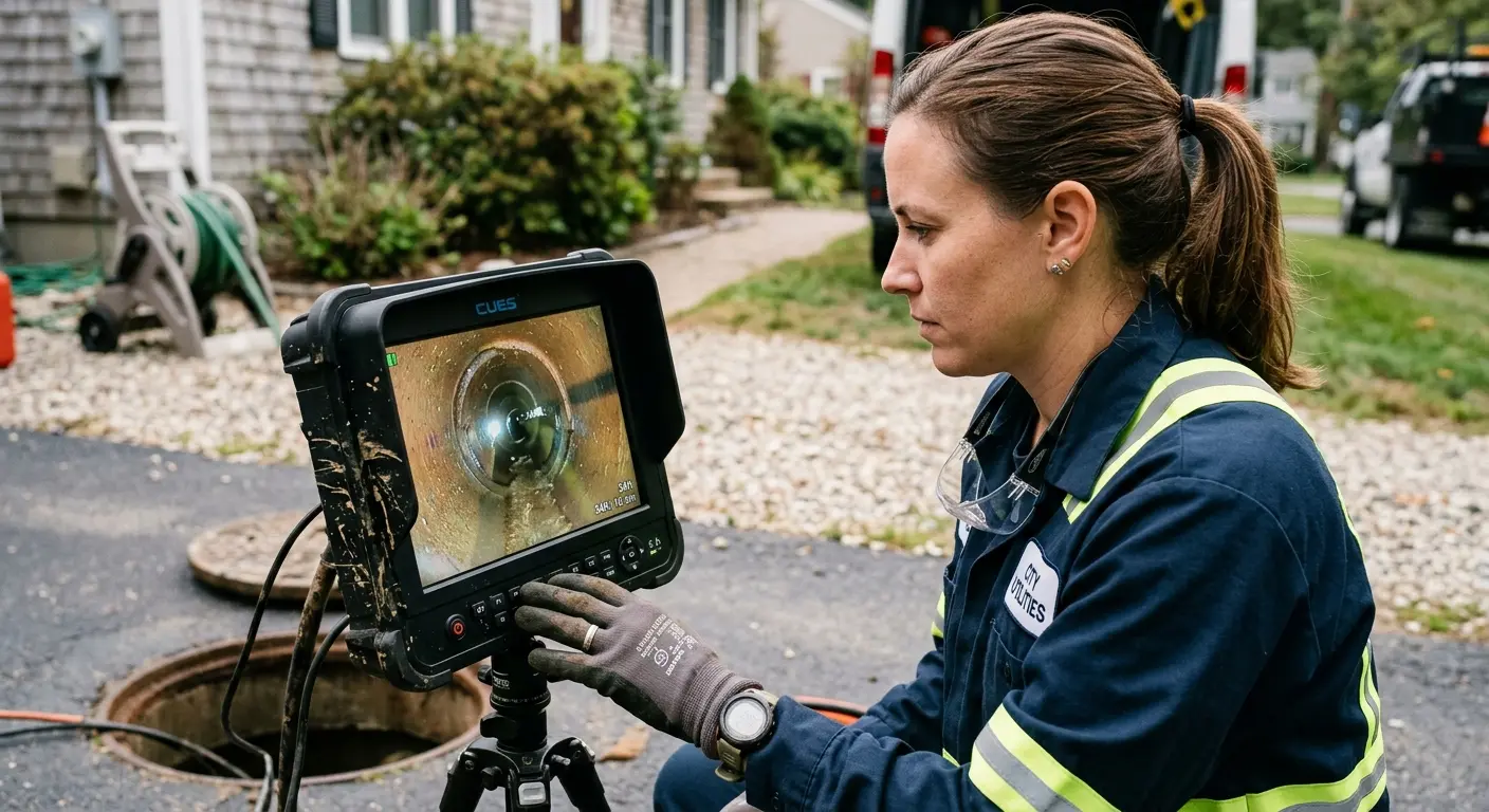 Technician reviewing sewer camera inspection footage in Annapolis Neck