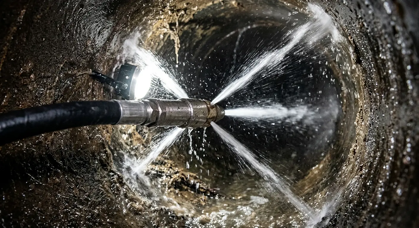 High-pressure hydro jetting nozzle cleaning sewer pipe for Trenchless Sewer Repair in Annapolis Neck