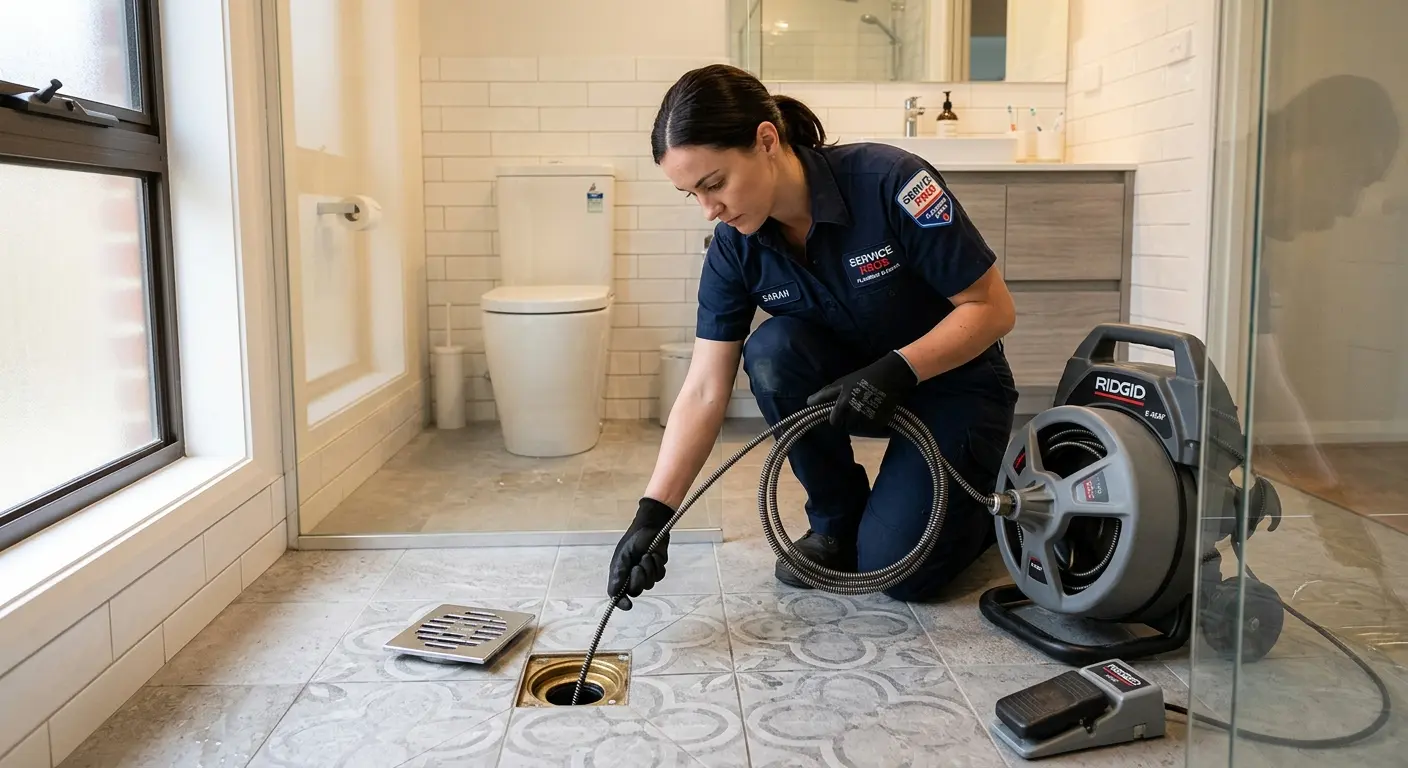 Technician clearing a bathroom floor drain for Drain Repair in Annapolis Neck